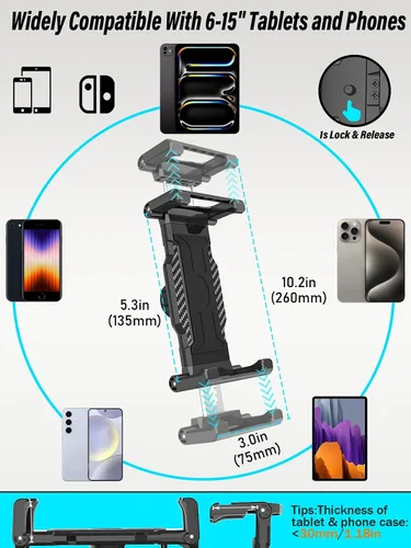 Vista 2 de Soporte para tablet de espejo retrovisor de coche para tabletas y teléfonos de 6 a 15.6 pulgadas Mounts securely to your rearview mirror with a
