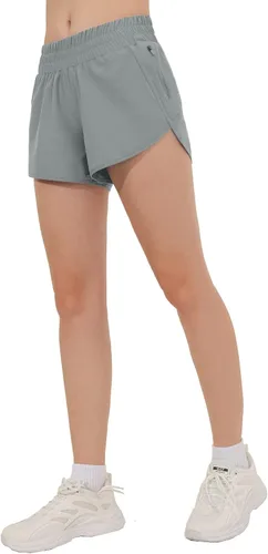 Vista 6 de Aurefin Pantalones cortos de correr de cintura baja para mujer, de secado rápido, con forro y bolsillo con cremallera