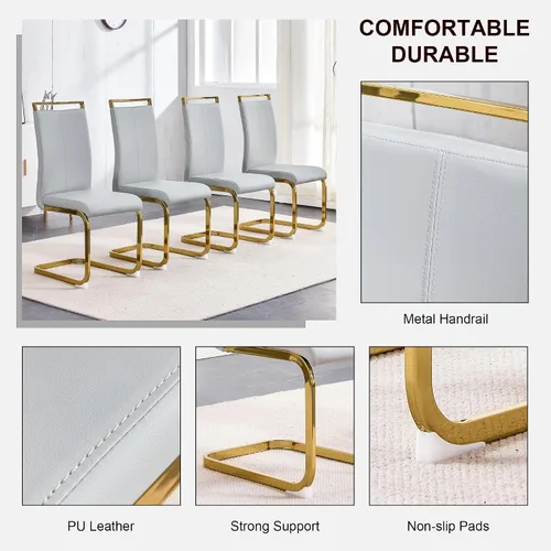 Vista 5 de Juego de mesa de comedor de mármol negro de lujo para 4, mesa de cocina moderna con 4 sillas de comedor de cuero gris claro dorado, mesa de comedor