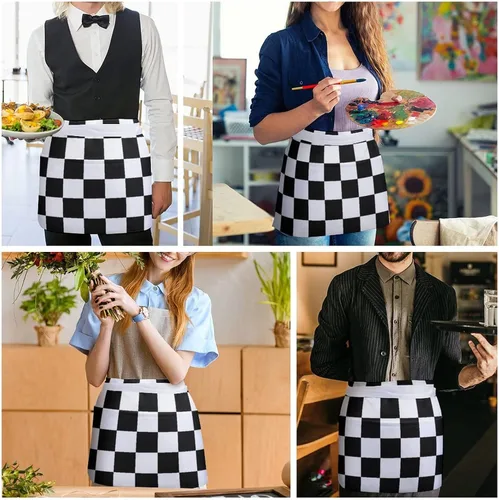 Vista 4 de Delantales de cintura con patrón de bandera a cuadros negros y blancos con 3 bolsillos para camarera, chef, medio delantal para mujeres y hombres