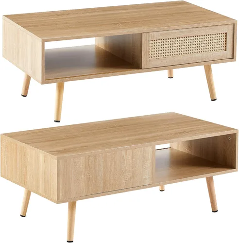 Vista 5 de Mesa de centro de ratán, mesa de centro moderna de mediados de siglo de 40.3 pulgadas con almacenamiento, mesa rectangular de madera para sofá