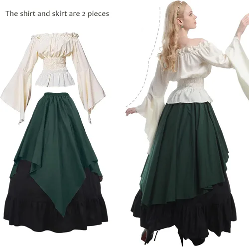 Vista 4 de CR ROLECOS Disfraz renacentista para mujer, vestido medieval campesino, manga trompeta, camisa y falda victoriana