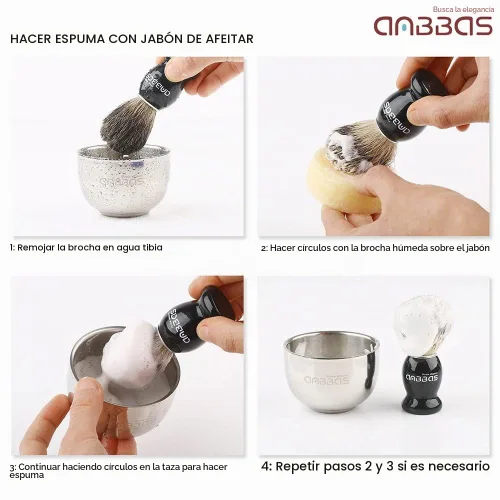 Vista 6 de Kit de afeitado Anbbas con brocha de cerdas de tejón puro, mango de madera negra y barra de jabón recargable de 100g, soporte de afeitado de acero
