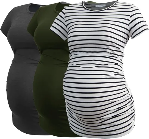 Vista 29 de Smallshow - Camiseta de maternidad para mujer, lados fruncidos, tipo túnica, prendas para el embarazo Verde militar-negro-gris profundo