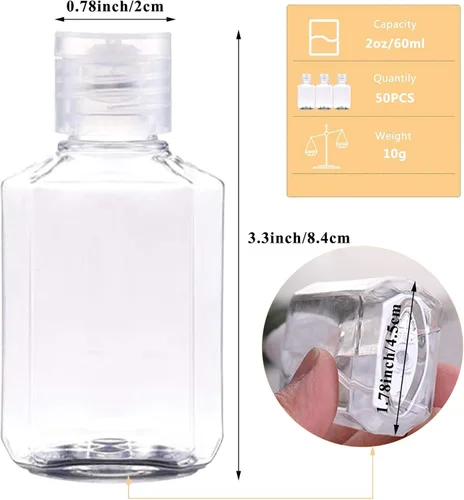 Vista 5 de 50 botellas vacías con tapa abatible, botella de viaje portátil de 2 onzas, botella de cosméticos recargable, botellas de viaje transparentes
