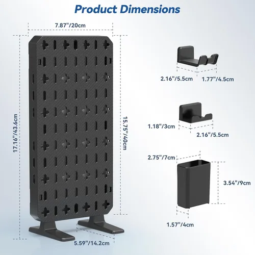Vista 8 de KDD RGB Desk Pegboard Organizer - Compact Freestanding Gaming Desk Decor with Controller & Headphone Holder, Storage Box, Hooks, Phone Stand - No