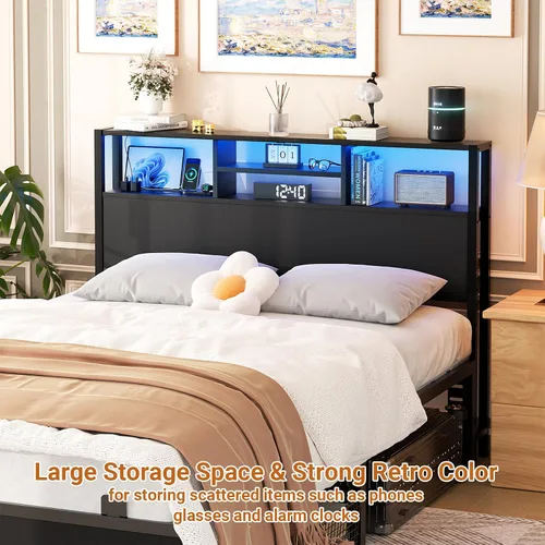 Vista 6 de Cabecero Aheaplus para Cama Individual con Almacenamiento, Cabeceros con Enchufes, Puertos USB y Luz LED, Cabecero Individual Solo, Altura Negro