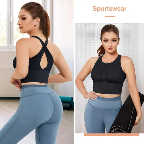 Vista 4 de CYDREAM Sujetador deportivo con cremallera frontal para mujer, sin mangas, con relleno, para yoga, correr, espalda cruzada, entrenamiento, fitness