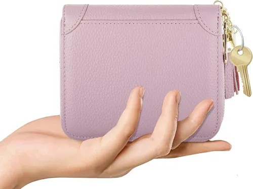 Vista 5 de Cartera con tarjetero RFID para tarjetas de crédito, de cuero, con cremallera, para mujer, 40 ranuras para tarjetas, Púrpura, Compacto