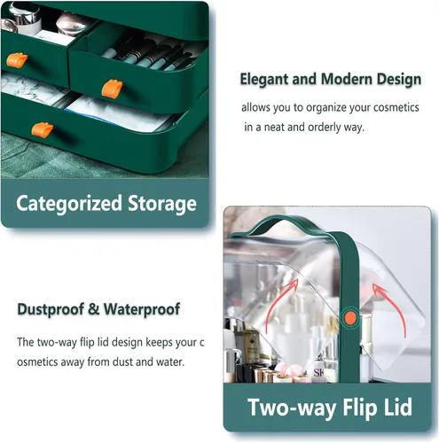 Vista 4 de Organizador de maquillaje grande con soporte para pinceles, organizador de cuidado de la piel impermeable y a prueba de polvo con tapa y cajones
