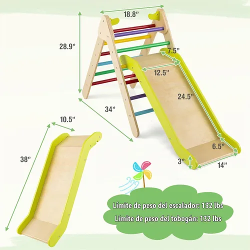 Vista 7 de HONEY JOY Escaladora triangular con rampa, escalera triangular para niños para guardería, gimnasio y parque infantil, juguetes de escalada Colorido