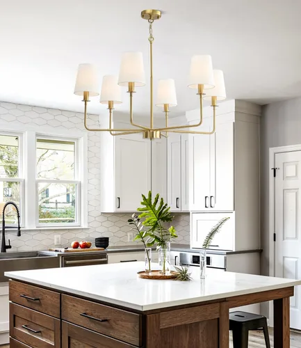 Vista 8 de Candelabro clásico de 6 luces con acabado dorado cepillado y pantallas de lino, base E12, lámpara rústica de techo para isla de cocina, comedor