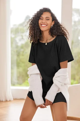 Vista 3 de Ekouaer Camisón de manga corta para mujer, de punto gofre, cómodo, informal, para cubrir