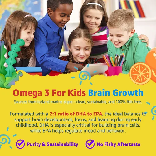 Vista 5 de Gomitas multivitamínicas para niños con hierro, sin azúcar, vitaminas diarias para niños + probióticos, Omega 3 de algas (EPA/DHA), A, C, D, metil