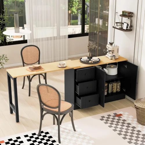 Vista 14 de RUNNA Isla de cocina acanalada de 82.6 pulgadas con mesa de comedor extensible para 4-6, mesa de isla para cocina con toma de corriente, mesa