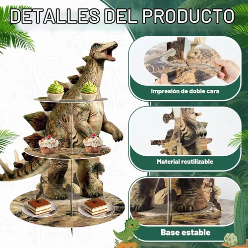 Vista 3 de Stegosaurus - Soporte para cupcakes de dinosaurio, 3 niveles, decoración