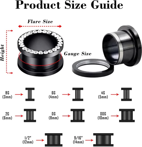 Vista 3 de YOFANST 6pcs Double Flare Stainless Steel Ear Plugs Tunnels with Zircon Ear Gauges Stretcher Body Piercing Jewelry for Women Men 8g-916