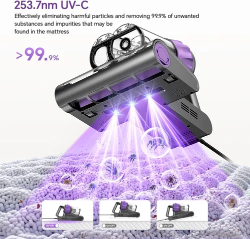 Vista 3 de Aspirador de colchón de cama - Succión de 18 KPa, calor de 150 °F, aroma Púrpura