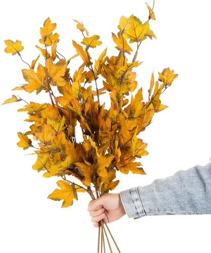 Vista 8 de 6 ramas de árbol de arce artificiales, tallos de hojas de otoño sintéticas de 32 pulgadas para arreglos de jarrones de otoño, centros de mesa Verde