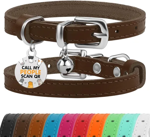 Vista 12 de BRONZEDOG Collar de cuero para gato con campanas extraíbles sin liberación rápida, etiqueta QR para gatito para niña y niño