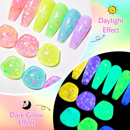 Vista 6 de MEET ACROSS Juego de esmaltes de uñas de gel luminosos de caramelo de 6 colores, esmalte de uñas de gel que brilla en la oscuridad con cepillo