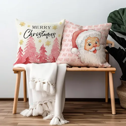 Vista 2 de Juego de 2 fundas de almohada de Navidad rosa con diseño de copos de nieve de Navidad con cremallera oculta, funda de cojín decorativa para sofá