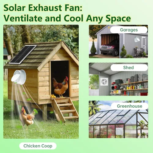 Vista 7 de Ventilador solar para gallinero con batería, ventiladores de escape alimentados por panel solar de 25 W con cable de interruptor de Batería 8000mA