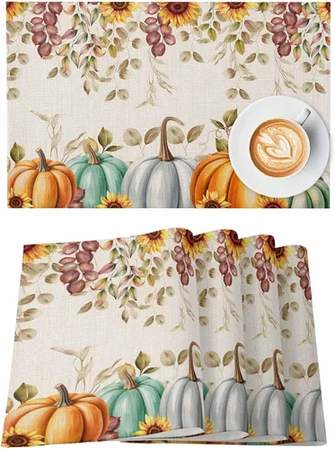 Vista 7 de Mantel individual de invierno para mesa de comedor, juego de 4 manteles individuales de Navidad, lino y algodón, impermeable, tapete individual