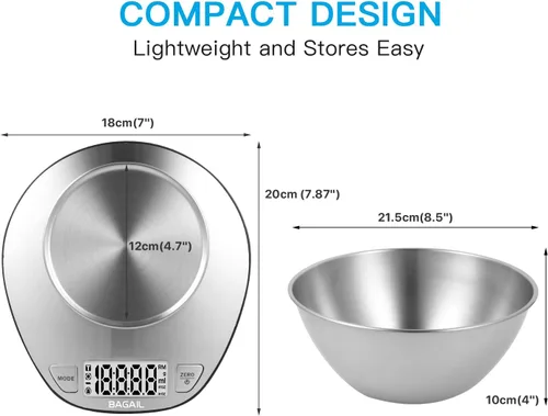 Vista 2 de BAGAIL - Báscula digital de cocina con cuenco de acero inoxidable, 11 lb/5kg 7 Weight Units, Large Clear Display, Gram Scale, For Baking &