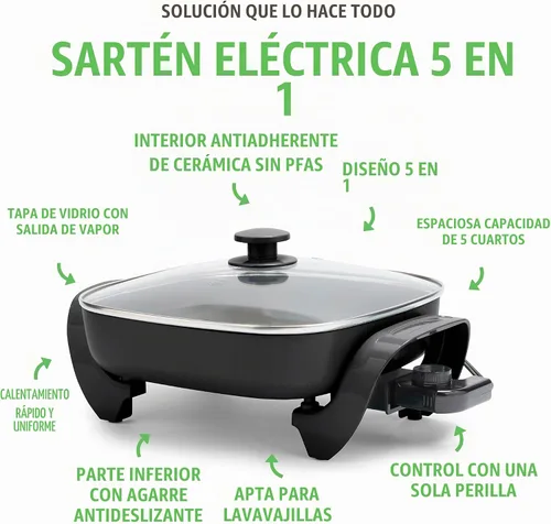 Vista 3 de GreenLife - Sartén eléctrica cuadrada de 12" 5QT, tapa de vidrio con ventilación, interior antiadherente de cerámica libre de PFAS, control de Negro
