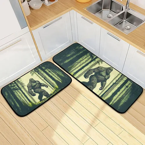 Vista 7 de Juego de 2 tapetes de cocina (bosque Sasquatch), antifatiga, acolchados, absorbentes de agua, antideslizantes, tapetes decorativos para cocina