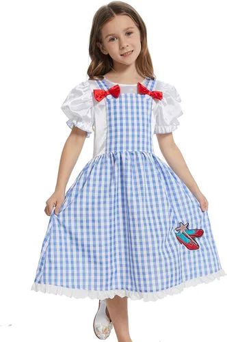 Vista 2 de WXCTEAM Disfraz de mago para niños y niñas, vestido de guinga con mangas abullonadas y estampado a cuadros