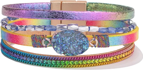 Vista 151 de FANCY SHINY - Pulsera de cuero estilo bohemio, pulsera de cuentas de cristal con cierre magnético, regalos de joyería para mujer