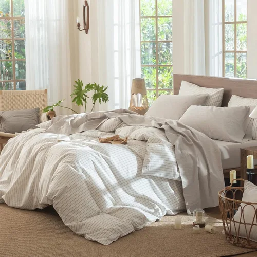 Vista 6 de MooMee Sábana bajera ajustable de solo 100% algodón lavado con textura parecida al lino, transpirable, duradera, suave, cómoda, bolsillo profundo