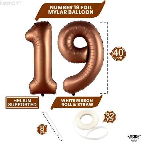 Vista 4 de Katchon Globos gigantes de papel de aluminio con el número 19 de color marrón de 40 pulgadas Decoraciones de cumpleaños 19