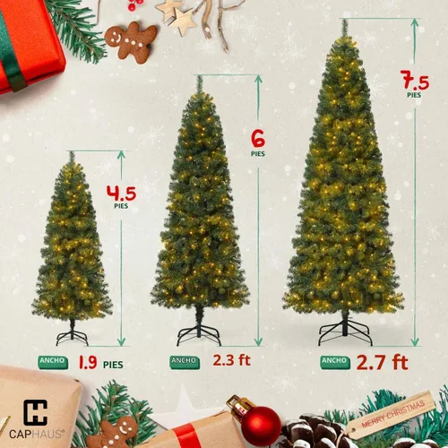 Vista 3 de Fencer Wire Árbol de Navidad Artificial Preiluminado Tipo Lápiz de 6 Pies con 250 Luces LED, Árbol de Navidad Delgado Premium con 618 Puntas