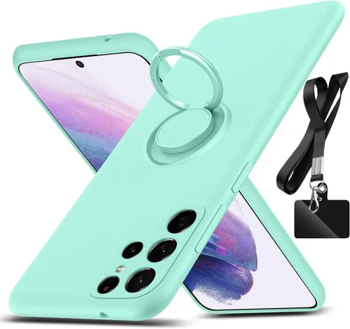 Vista 11 de Funda para Galaxy S22 Ultra, con soporte de anillo giratorio de 360° y cordón de correa de silicona líquida delgada funda protectora para Galaxy S22
