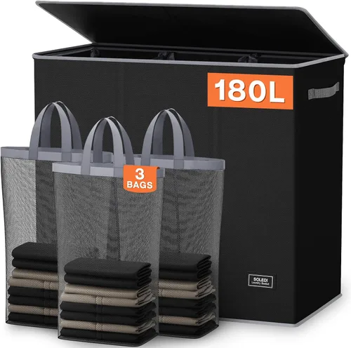 Vista 20 de SOLEDI Cesta de lavandería de 3 secciones de 180L con tapa, cesta de ropa sucia extragrande con asas resistentes para lavandería y dormitorio