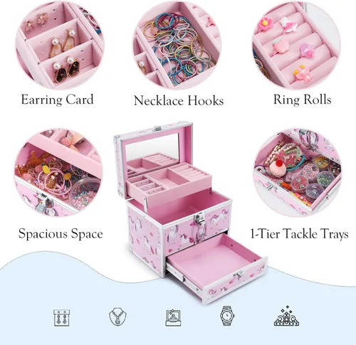Vista 4 de Hododou Joyero para niñas diseño de unicornio rosa organizador con cajón y espejo estuche de almacenamiento con cerradura estilo unicornio