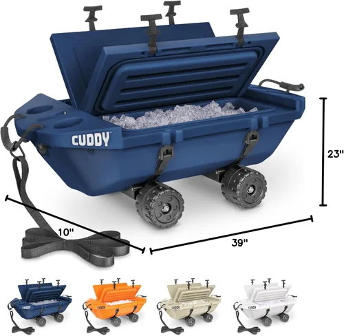 Vista 7 de CUDDY Enfriador Rodante con Ruedas – 40 QT Enfriador Flotante Anfibio y Recipiente de Almacenamiento Seco - Naranja, Azul Marino, Tostado o Blanco