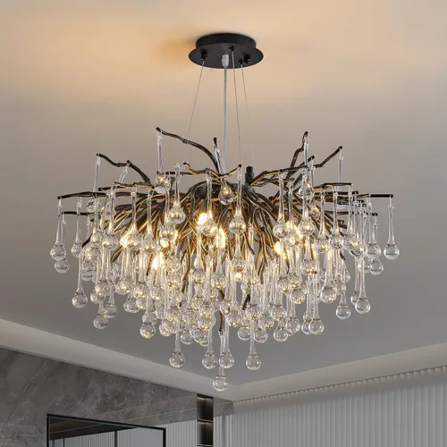 Vista 23 de Lámpara de araña moderna de cristal en forma de gota de lluvia, lámpara lineal negra rectangular de 40' de la serie Art Deco con forma de rama