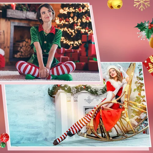 Vista 6 de kymqlyw 6 Pairs Over Knee Long Striped Socks for Women Thigh High Sock Stockings Christmas Girls Party Stocking Costume