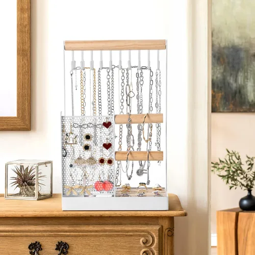 Vista 3 de Soporte organizador de joyas, soporte para collares, soporte para joyas 4 en 1 con organizador de aretes y bandeja de anillos extraíble, soporte
