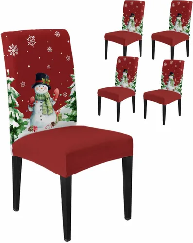 Vista 62 de Savannan - Juego de 4 fundas para sillas de árbol de Navidad, bolas de copos de nieve de color rojo invierno, fundas elásticas para sillas Parsons