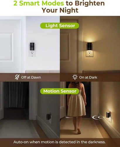 Vista 3 de AUVON Luz nocturna LED enchufable, luz nocturna moderna con sensor de movimiento con diseño giratorio de 90° y sensor de atardecer a amanecer, luces