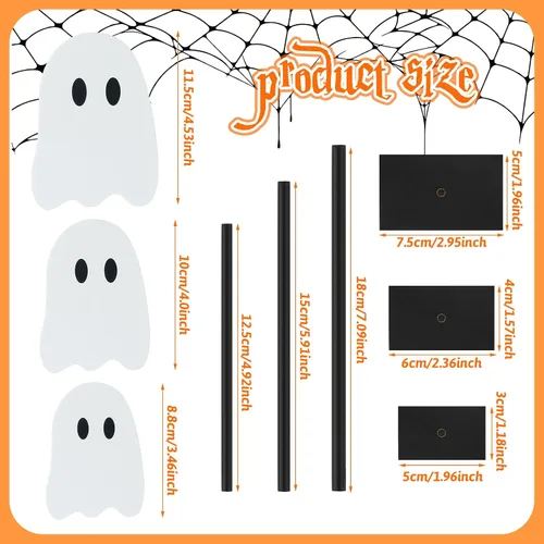 Vista 3 de 3 piezas de decoración de mesa de fantasma de Halloween, bandeja escalonada de madera, centro de mesa, centro de mesa, bloque alto, juego