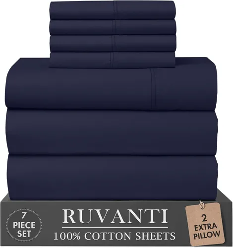 Vista 10 de RUVANTI Juego de sábanas de 4 piezas de algodón 100% natural de percal suave, ligero y transpirable, con bolsillos profundos de 16 pulgadas