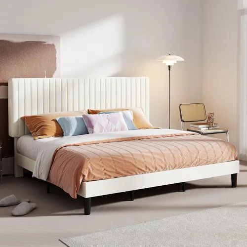 Vista 3 de HOOMIC Base de cama de plataforma tamaño King, cama tapizada de terciopelo moderno con cabecera capitoné de canal vertical ajustable, soporte