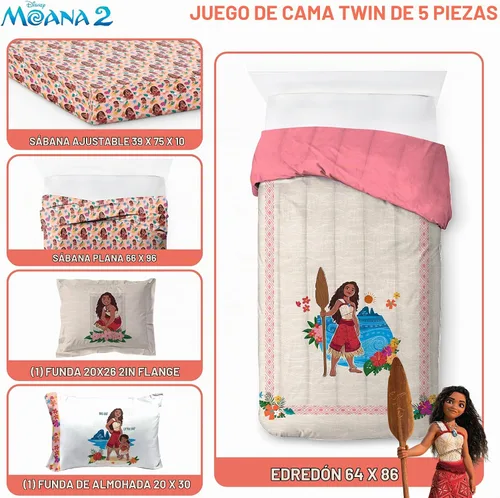 Vista 3 de Disney Moana - Juego de edredón individual de 5 piezas para niñas, color beige Bed in a Bag, Comforter Sheets Sham Pillowcase, Official