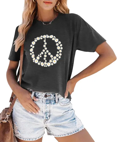 Vista 3 de Camiseta de amor con signo de paz para mujer, camiseta con estampado de flores, hippie de manga corta de los años 60 y 70, camiseta inspiradora